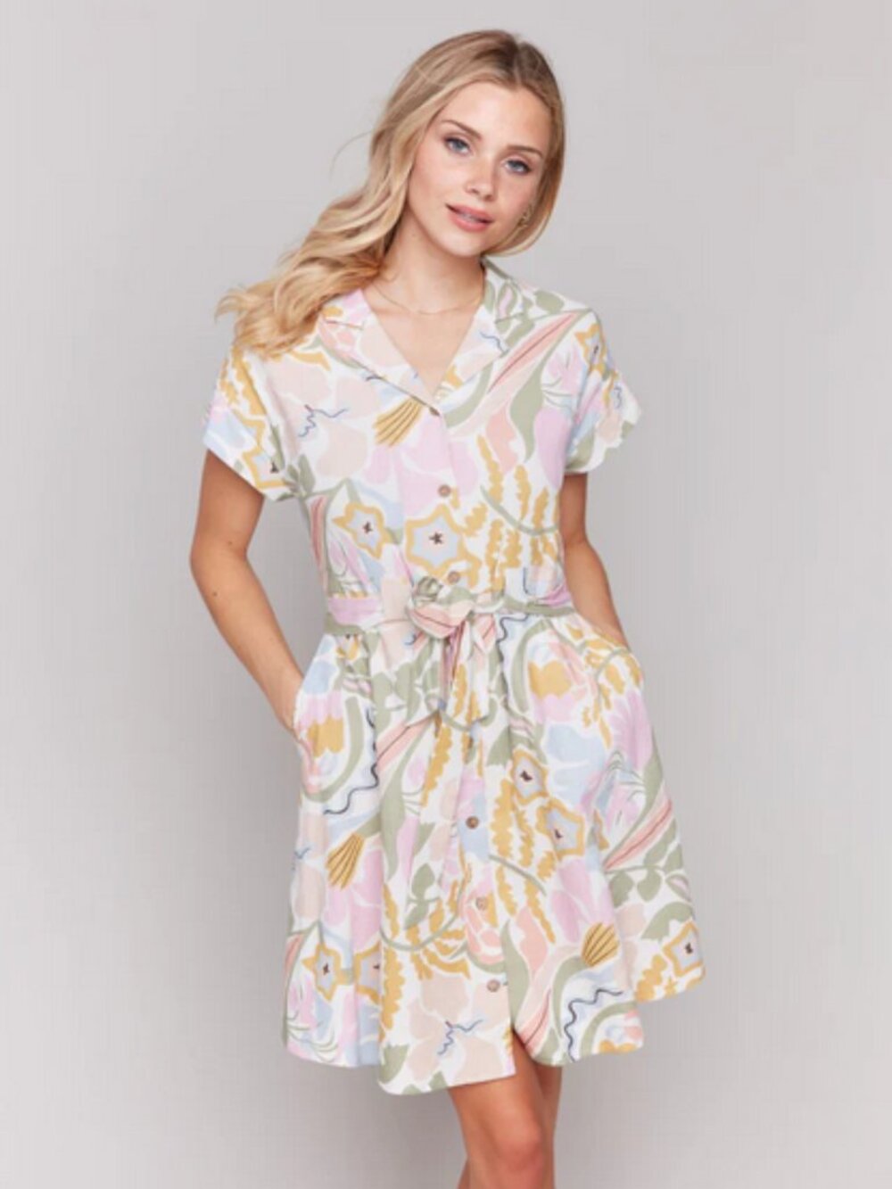 Charlie B Linen Blend Sleeve Button-Front Dress Size L